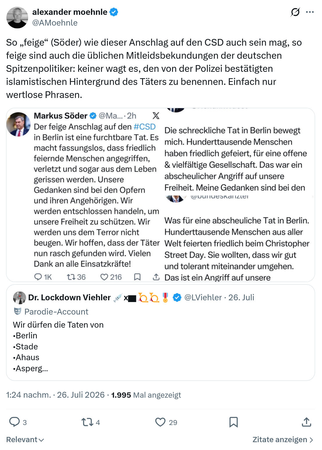Alexander Moehnle: So „feige“ (Söder) wie dieser Anschlag...