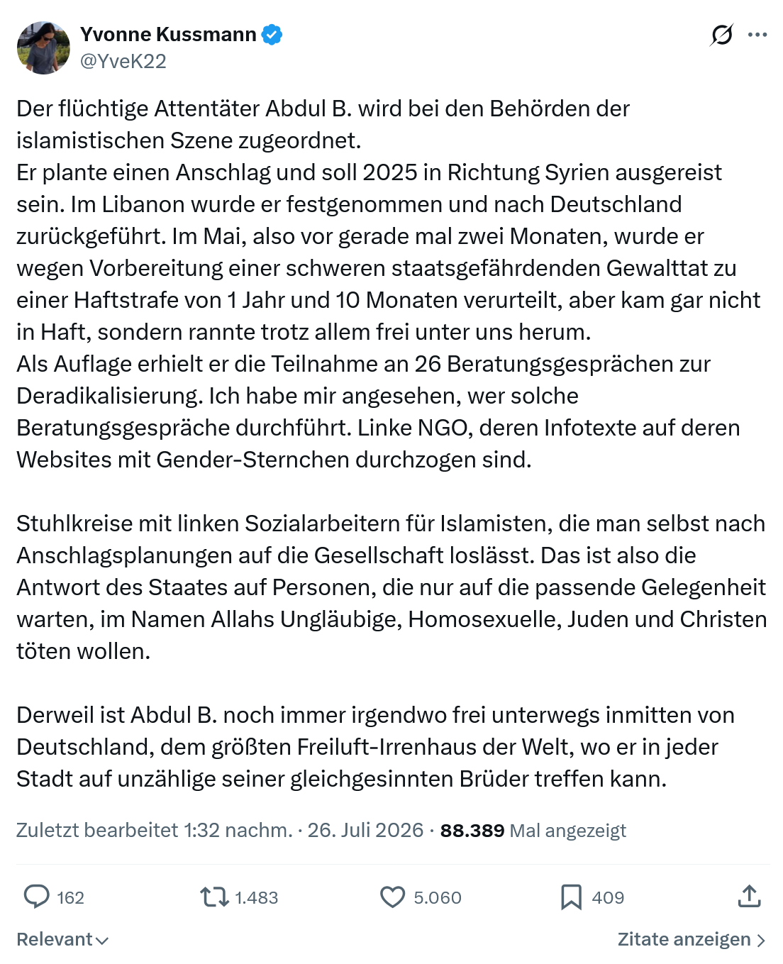 Yvonne Kussmann: Der flüchtige Attentäter Abdul B. wird...