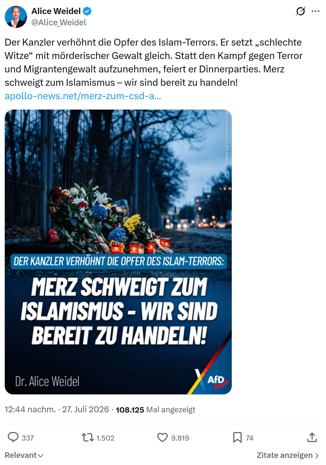 Alice Weidel: Der Kanzler verhöhnt die Opfer des Islam-Terrors...