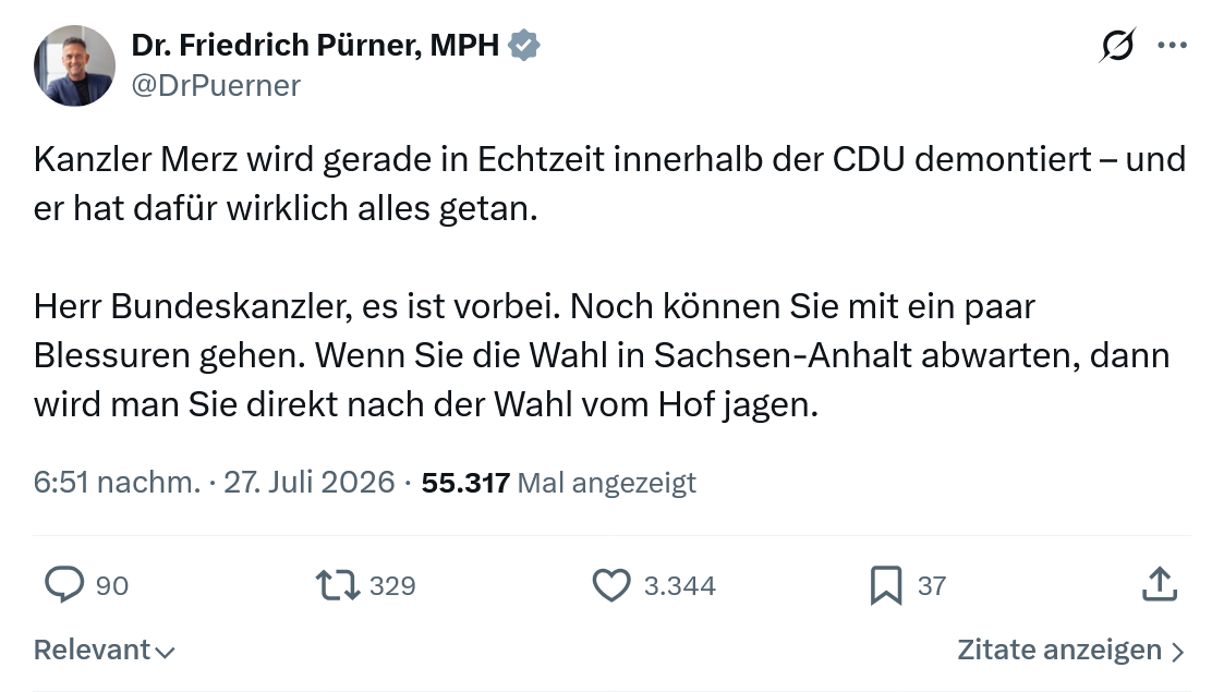 Friedrich Pürner: Kanzler Merz wird gerade...