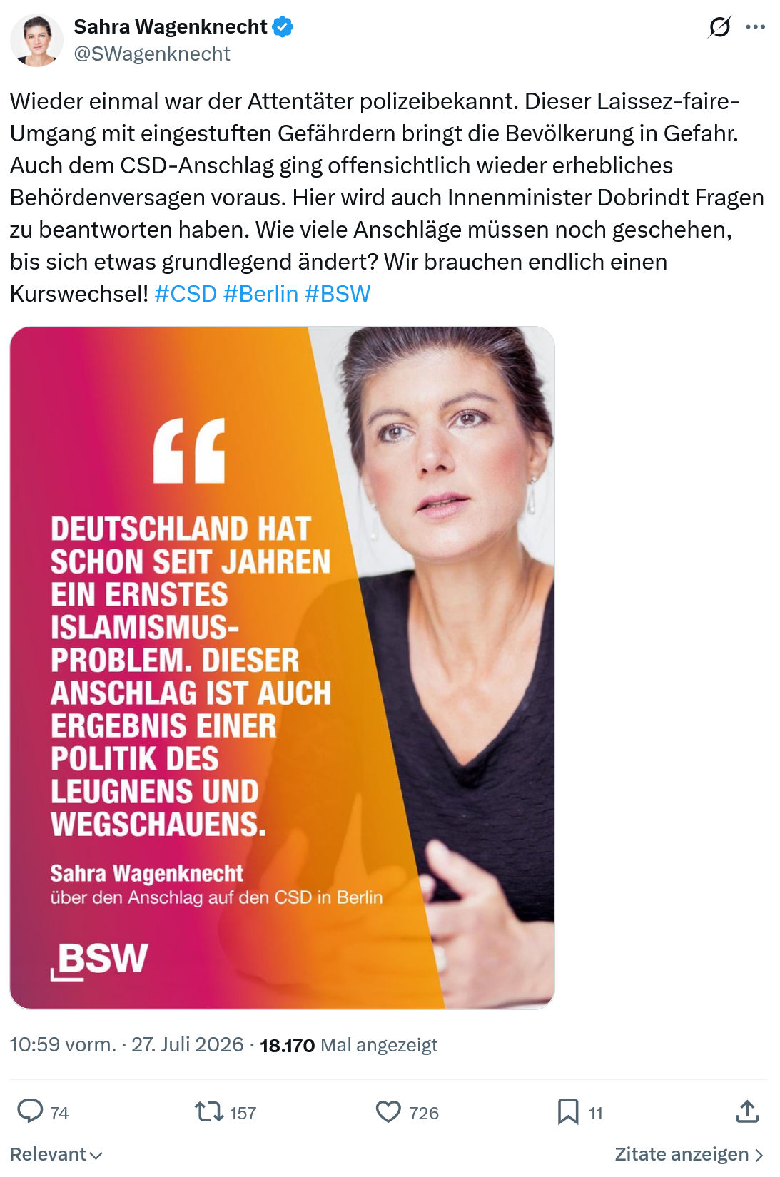 Sahra Wagenknecht: Wieder einmal war der Attentäter...