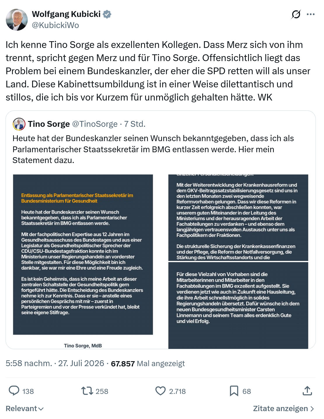 Wolfgang Kubicki: Ich kenne Tino Sorge als exzellenten Kollegen...