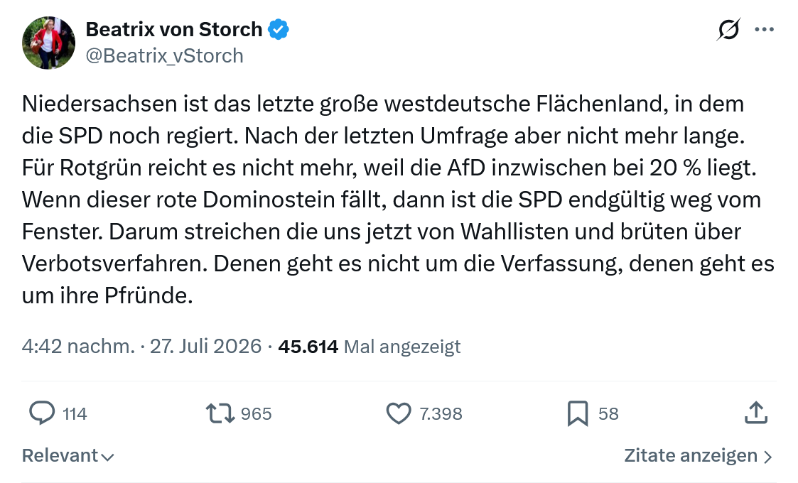 Beatrix von Storch: Niedersachsen ist das letzte große westdeutsche...