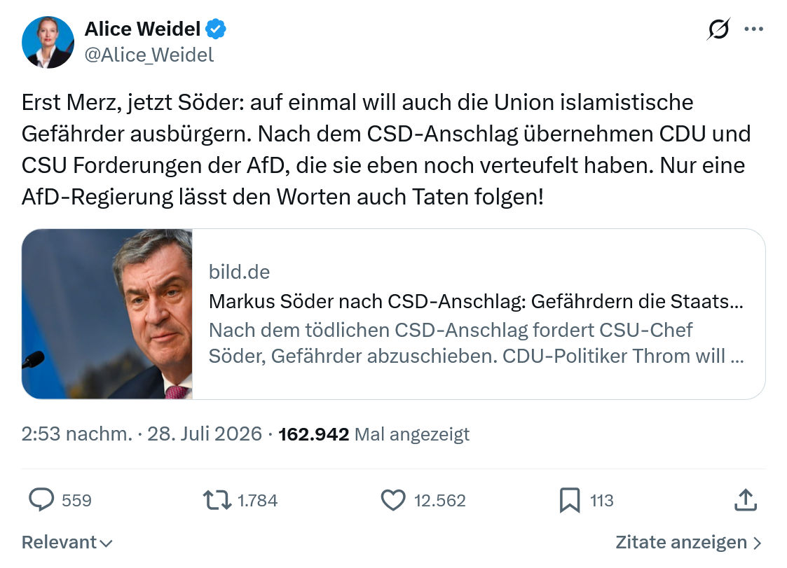 Alice Weidel: Erst Merz, jetzt Söder...