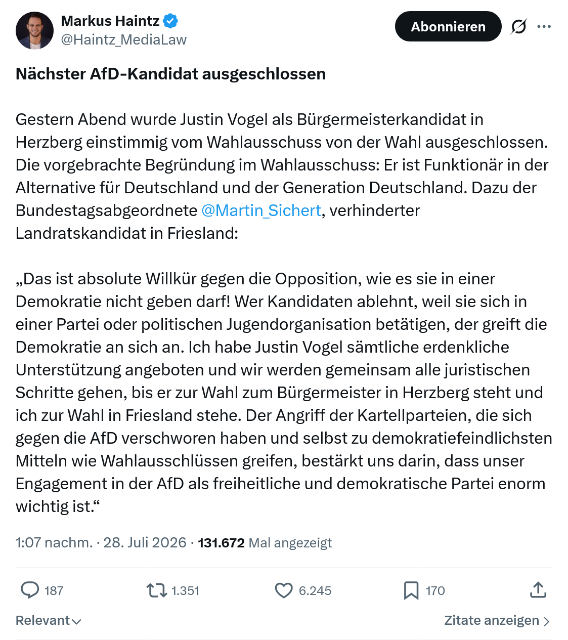 Markus Haintz: Nächster AfD-Kandidat ausgeschlossen...