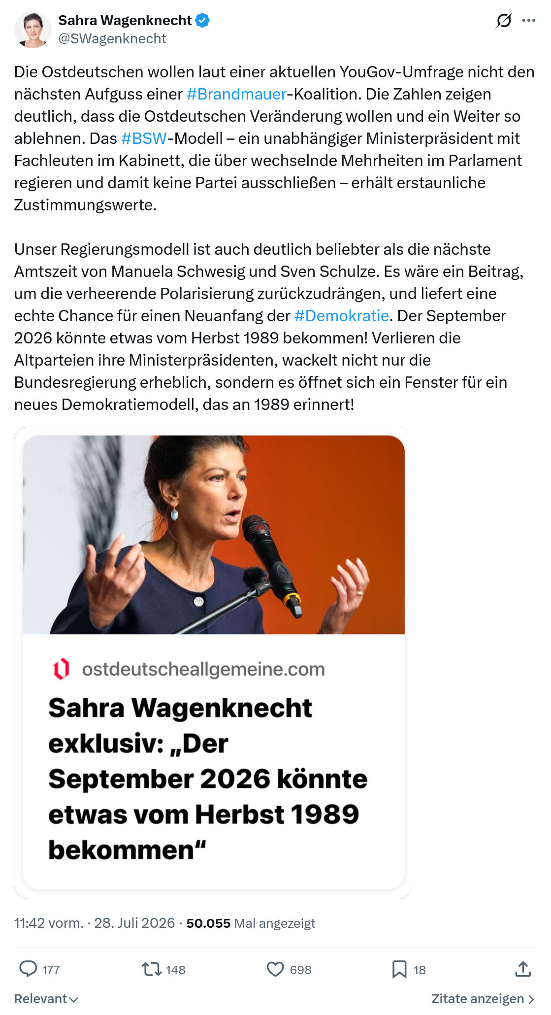 Sahra Wagenknecht: Die Ostdeutschen wollen...