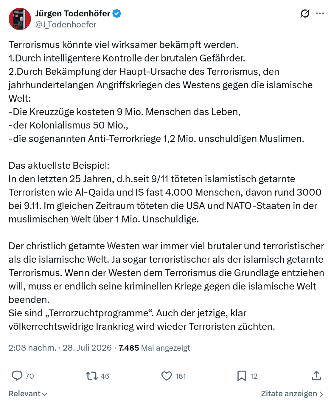 Jürgen Todenhöfer: Terrorismus könnte viel wirksamer...
