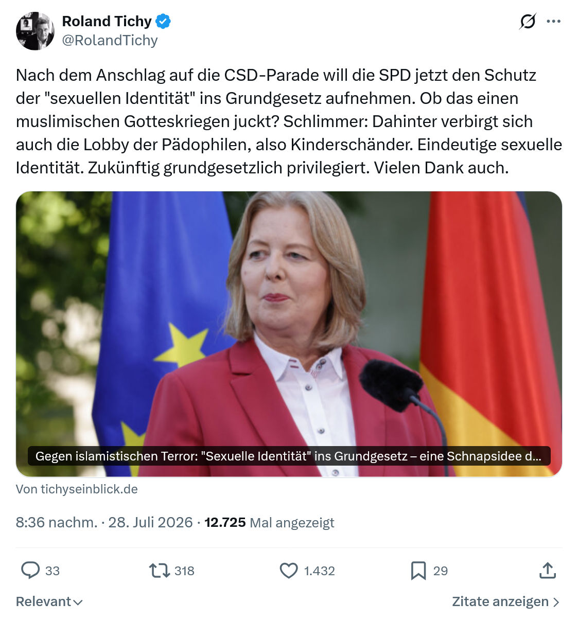 Roland Tichy: Nach dem Anschlag auf die CSD-Parade...