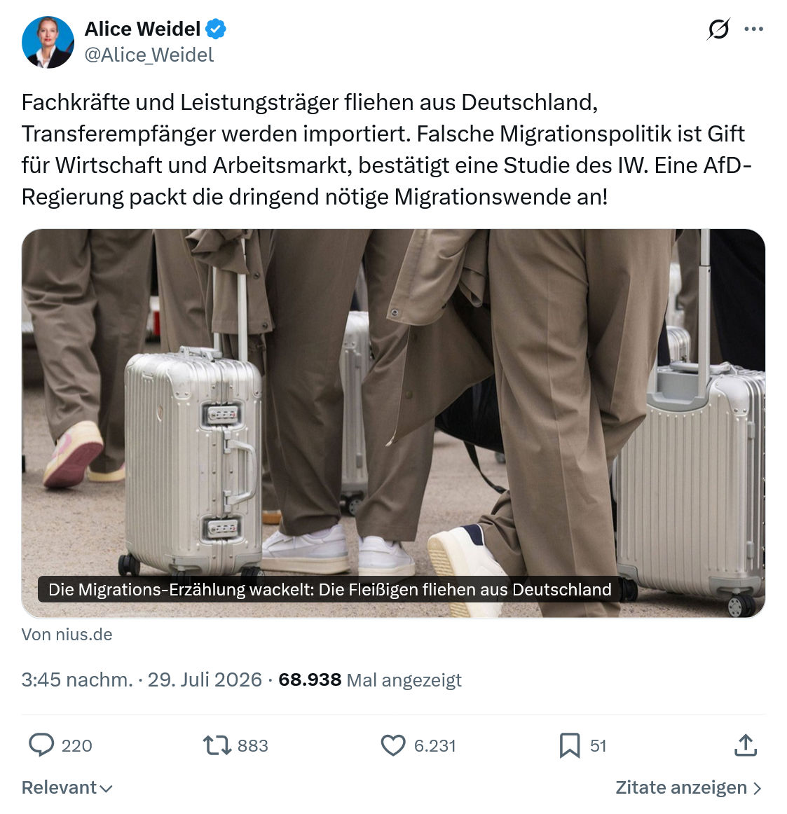 Alice Weidel: Fachkräfte und Leistungsträger...