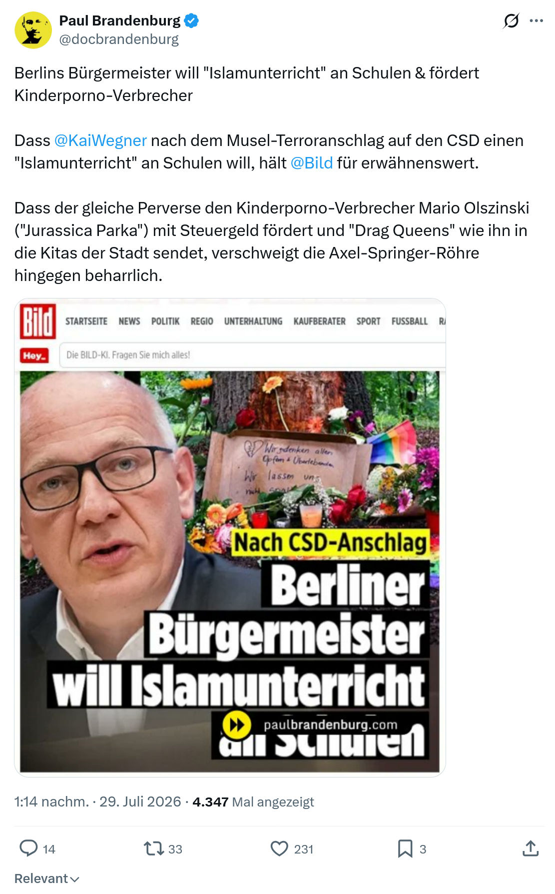 Paul Brandenburg: Berlins Bürgermeister will "Islamunterricht"...