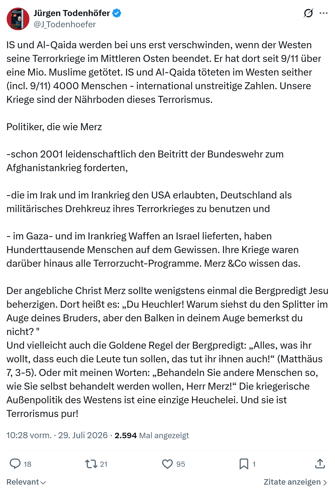 Jürgen Todenhöfer: IS und Al-Qaida werden bei uns erst...