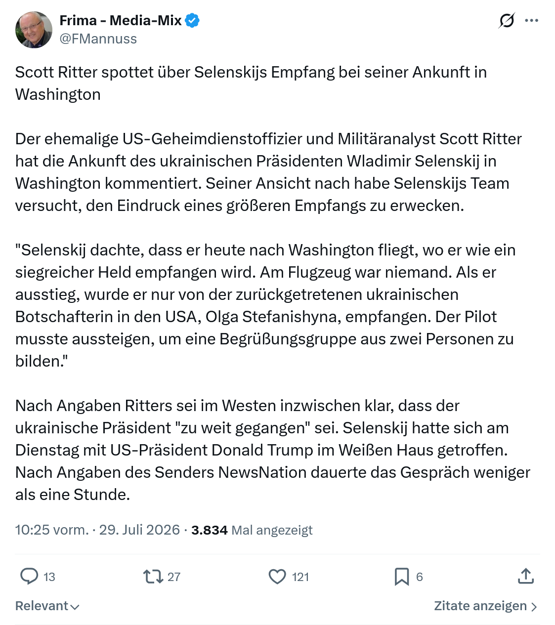 Friedrich Mannus: Scott Ritter spottet über Selenskijs...