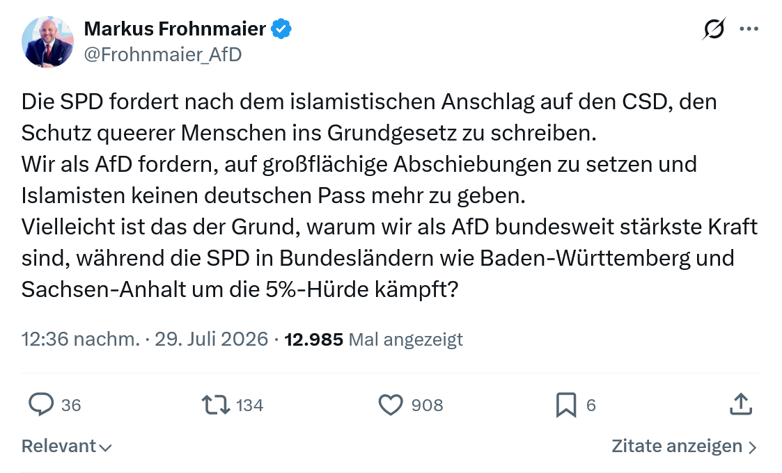 Markus Frohnmaier: Die SPD fordert nach dem islamistischen...