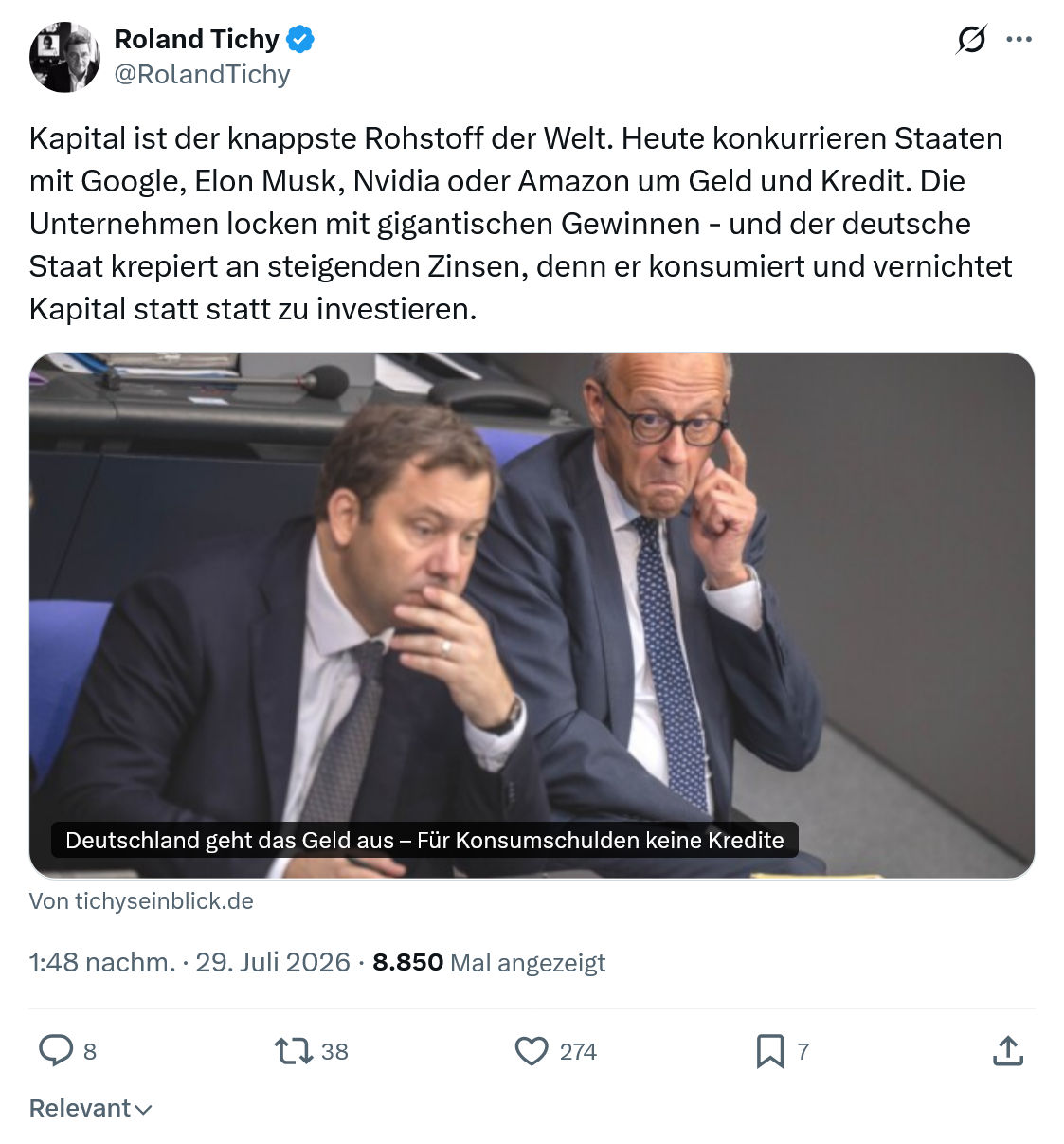 Roland Tichy: Kapital ist der knappste Rohstoff der Welt...