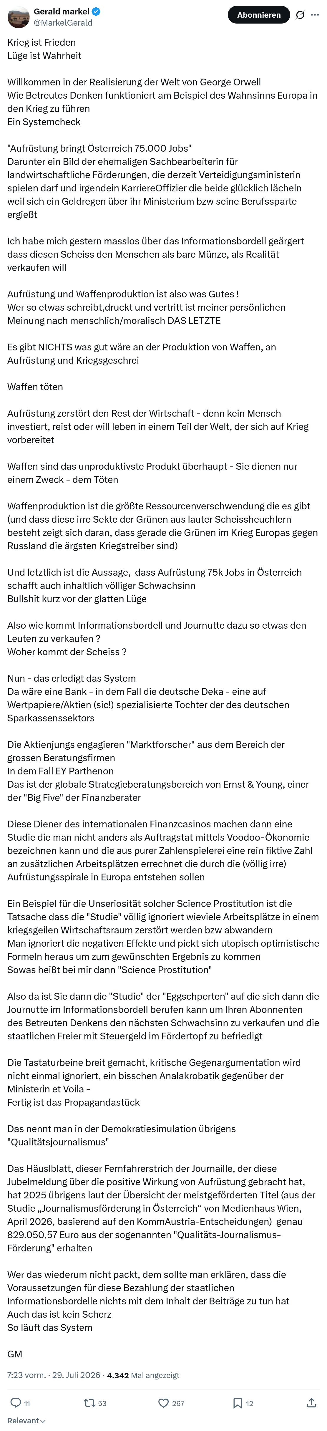 Gerald Markel: Krieg ist Frieden...