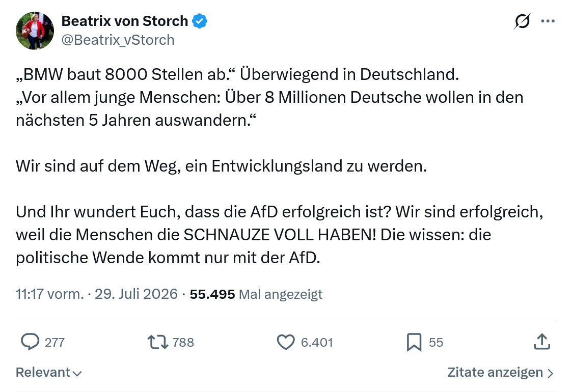 Beatrix von Storch: BMW baut 8000 Stellen ab...