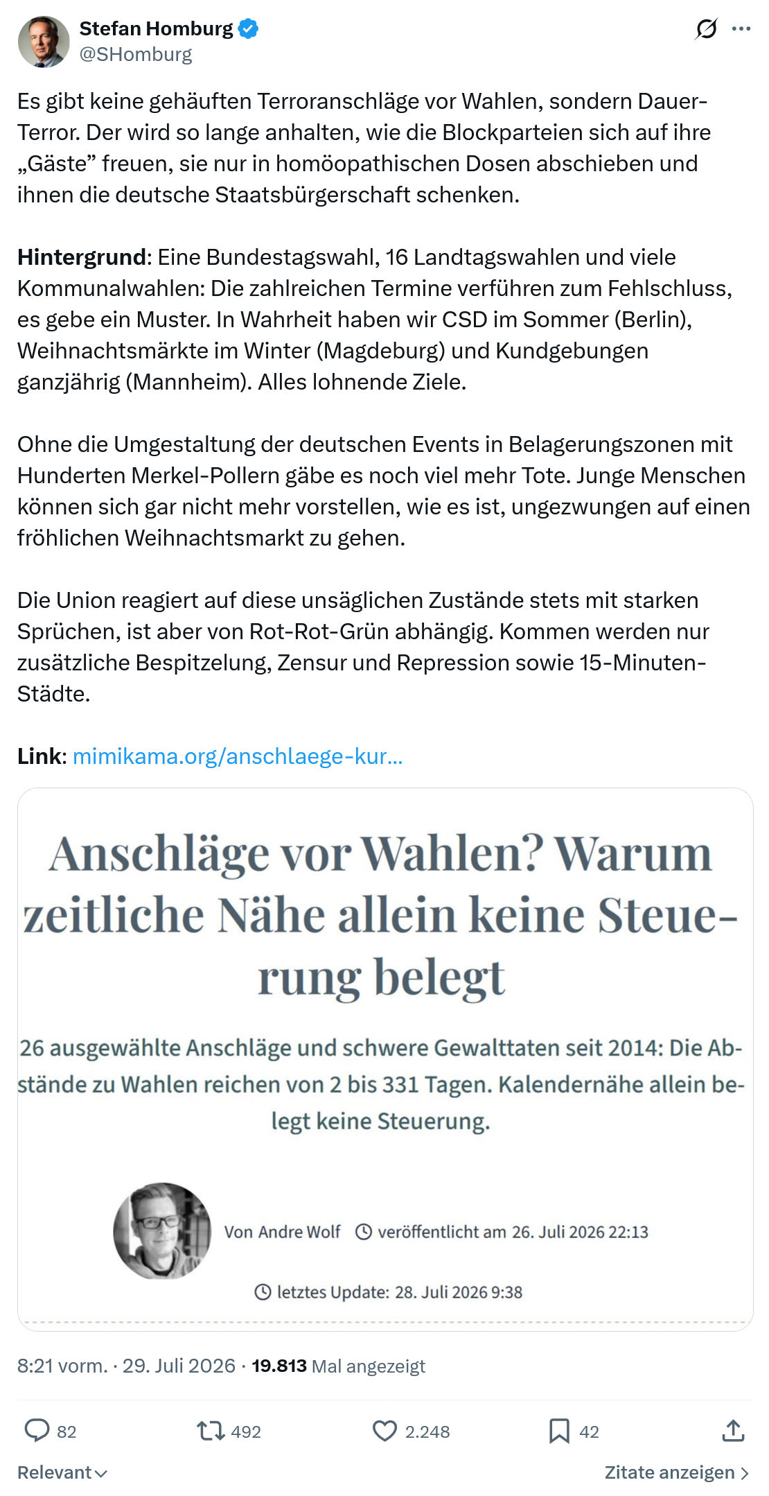 Stefan Homburg: Es gibt keine gehäuften Terroranschläge...