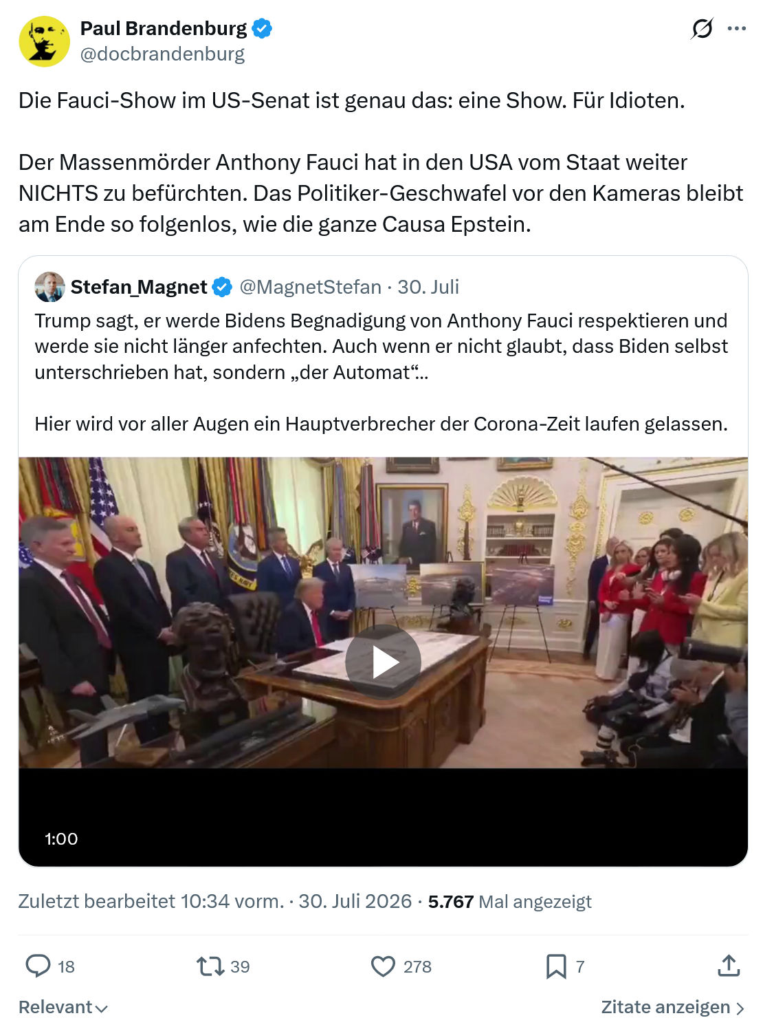 Paul Brandenburg: Die Fauci-Show im US-Senat...