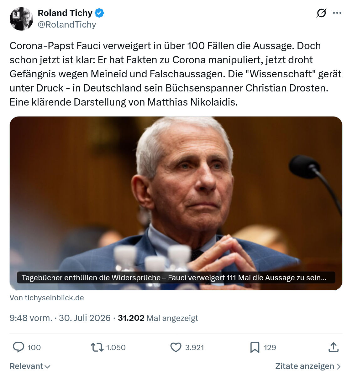 Roland Tichy: Corona-Papst Fauci verweigert...