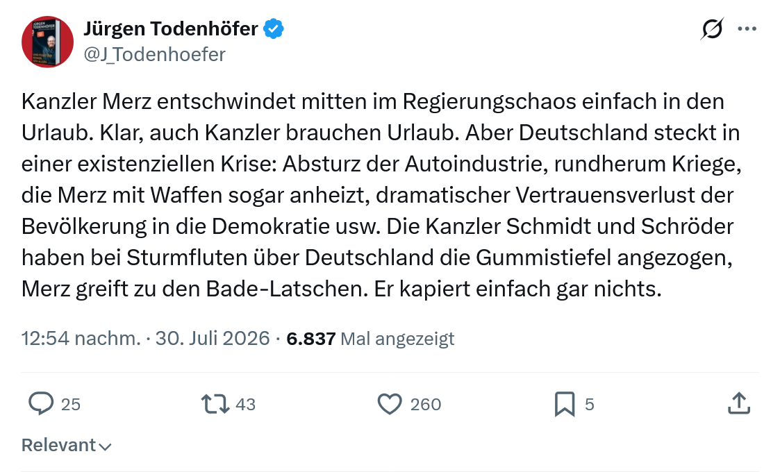 Jürgen Todenhöfer: Kanzler Merz entschwindet mitten...