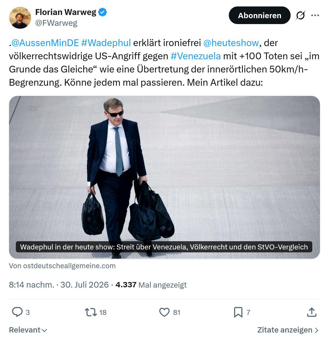 Florian Warweg: .@AussenMinDE #Wadephul erklärt ironiefrei @heuteshow...
