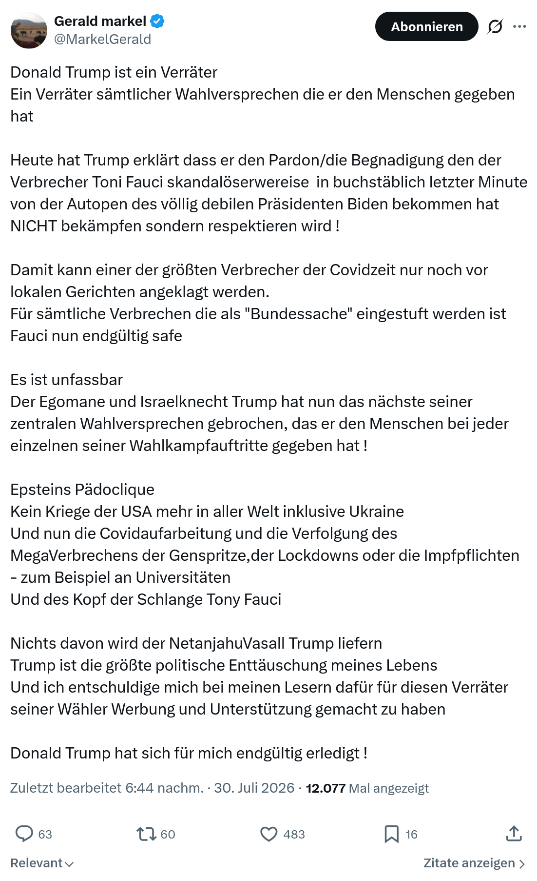 Gerald Markel: Donald Trump ist ein Verräter...
