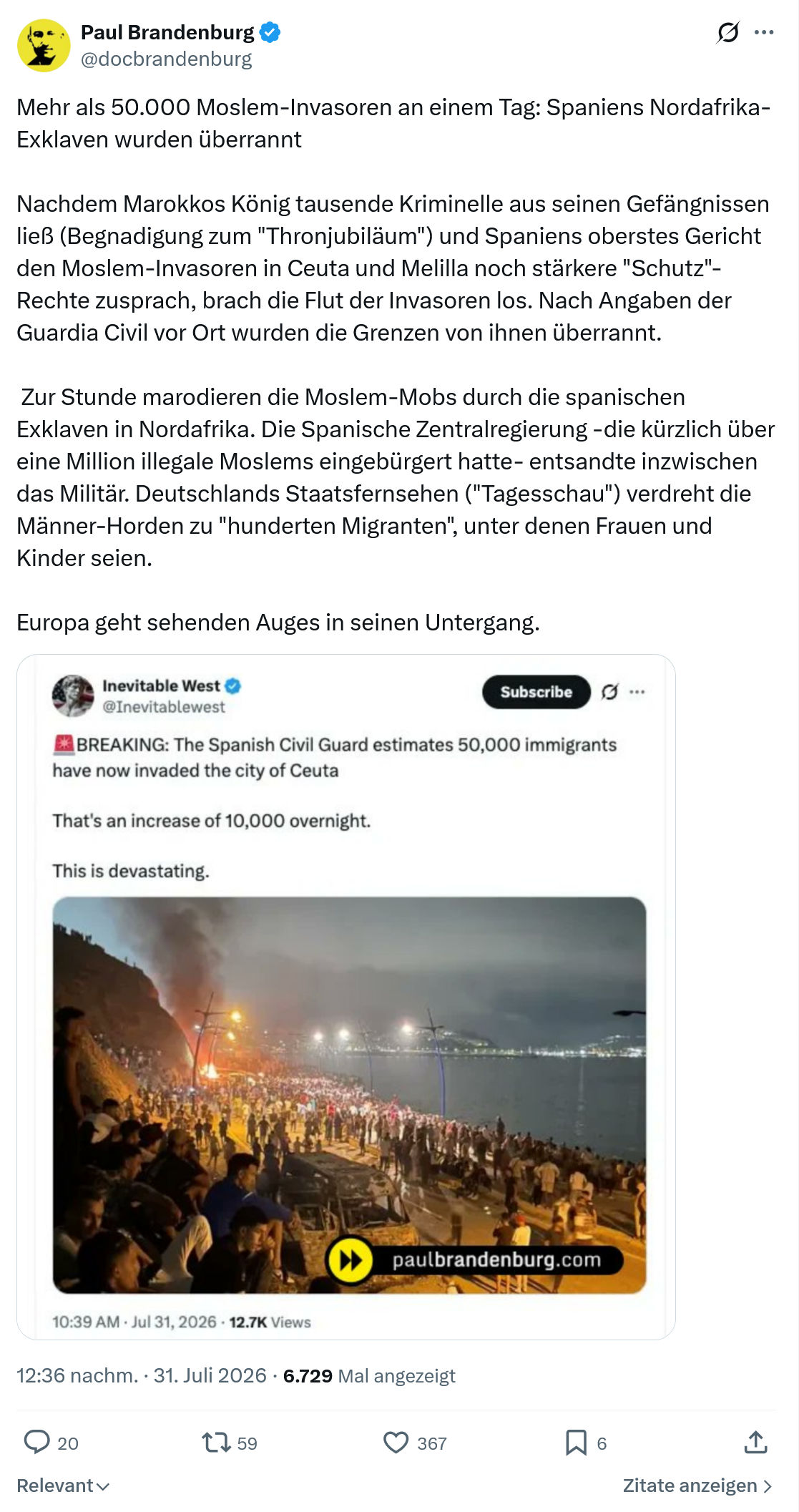 Paul Brandenburg: Mehr als 50.000 Moslem-Invasoren...