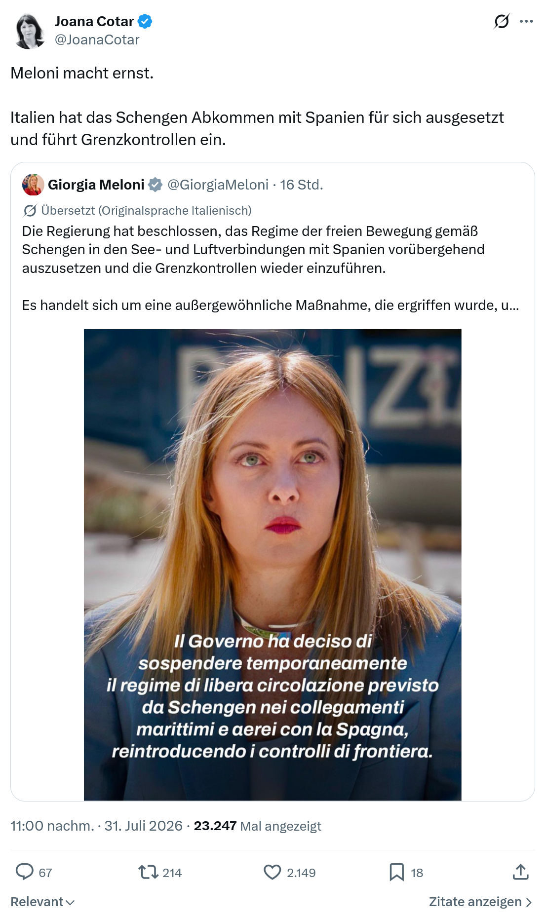 Joana Cotar: Meloni macht ernst...