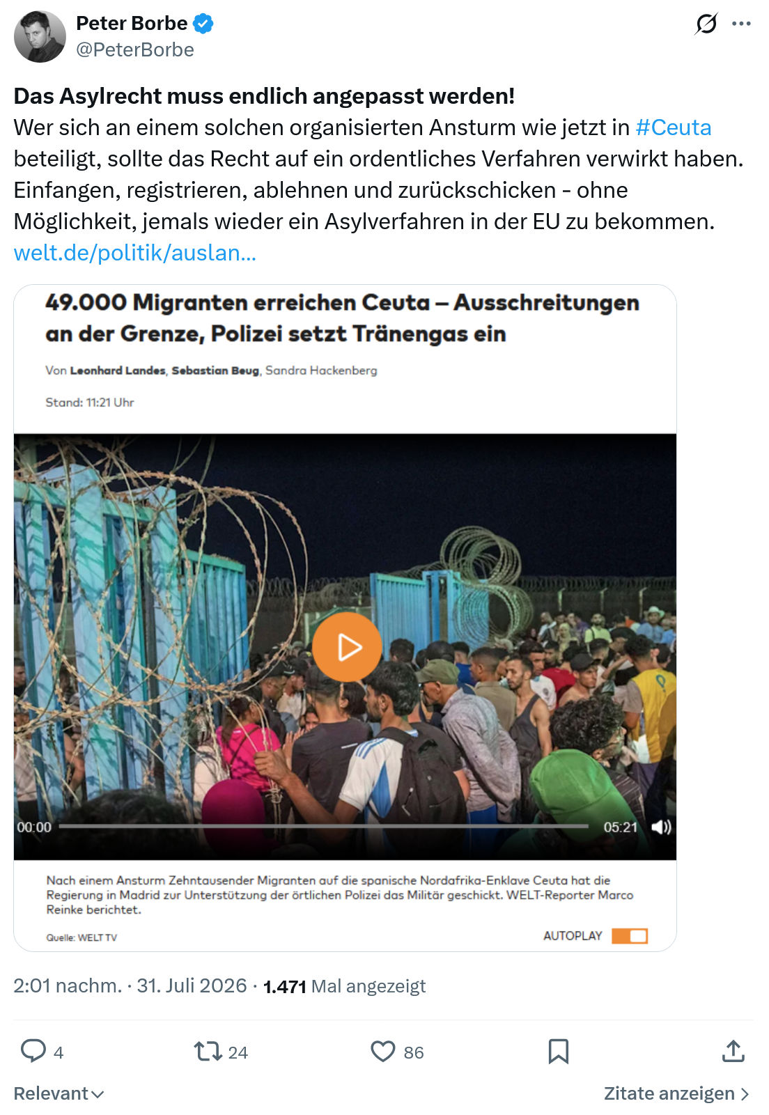 Peter Borbe: Das Asylrecht muss endlich angepasst werden...