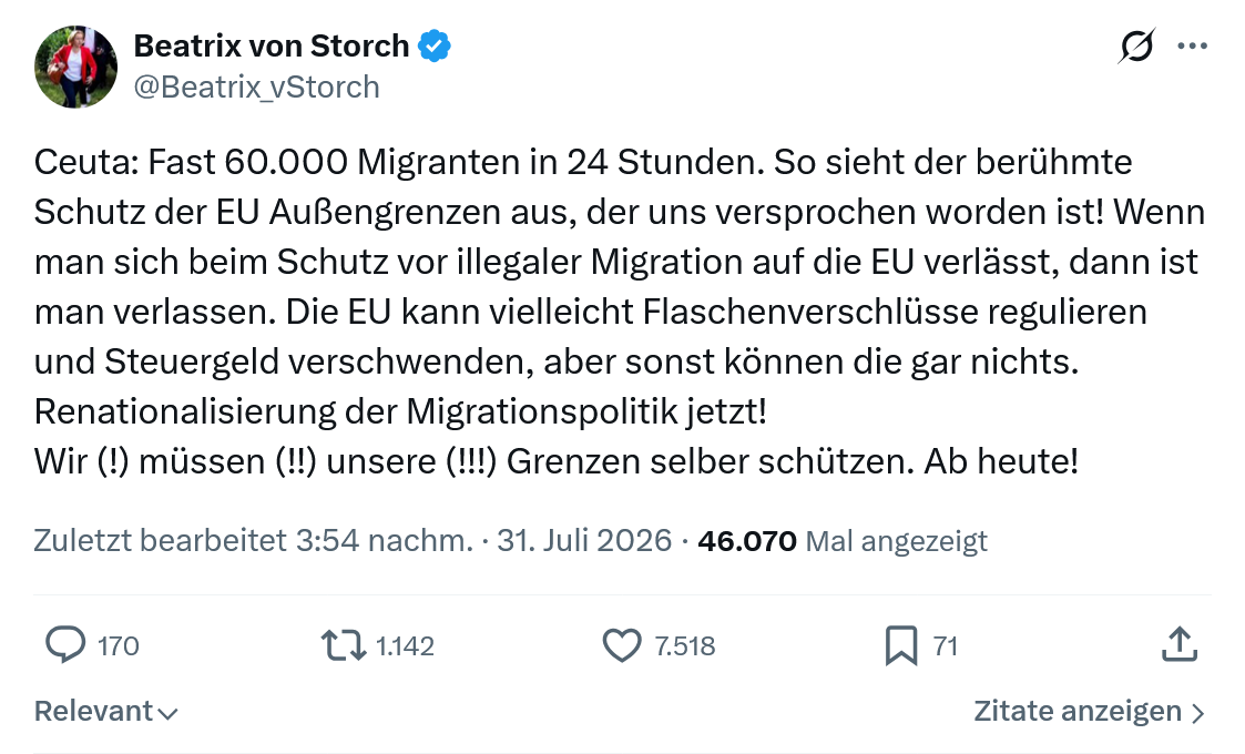 Beatrix von Storch: Ceuta: Fast 60.000 Migranten in 24 Stunden...