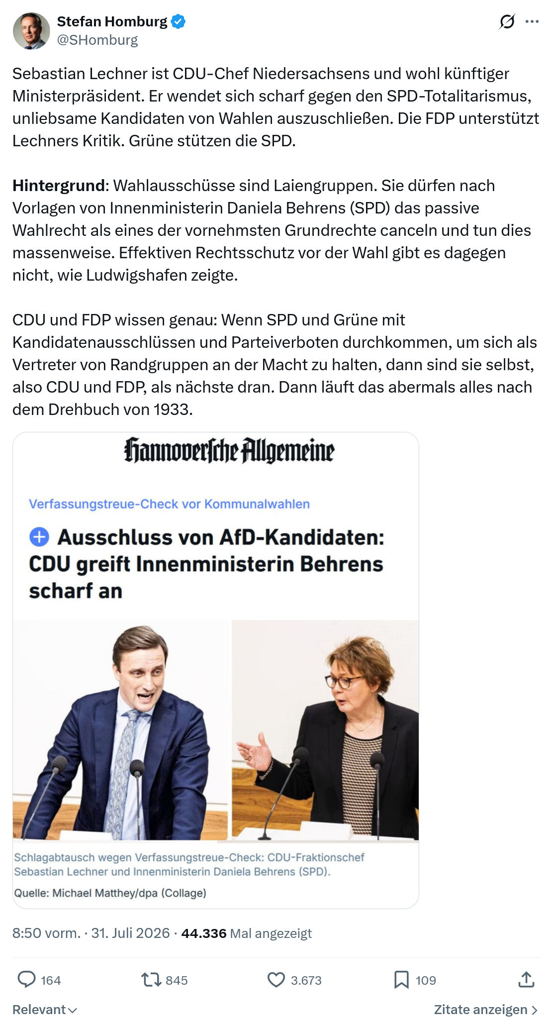 Stefan Homburg: Sebastian Lechner ist CDU-Chef Niedersachsens...