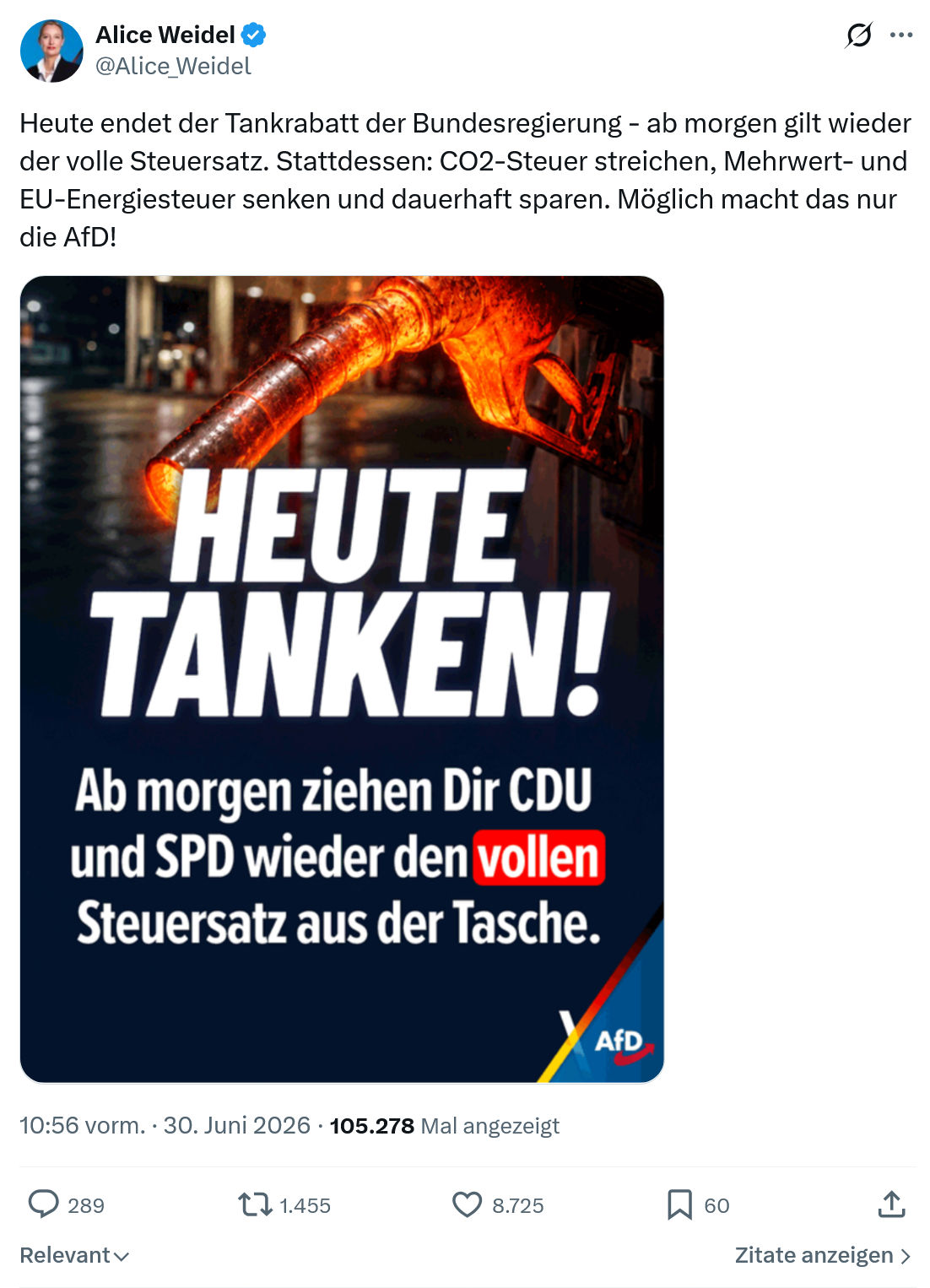 Alice Weidel: Heute endet der Tankrabatt...
