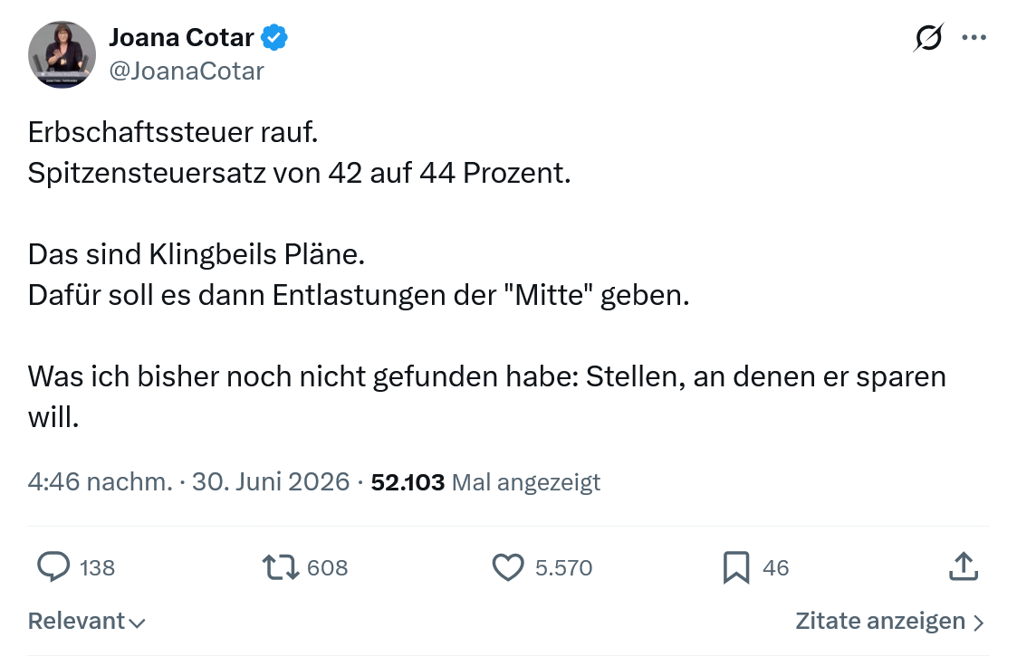 Joana Cotar: Erbschaftssteuer rauf...