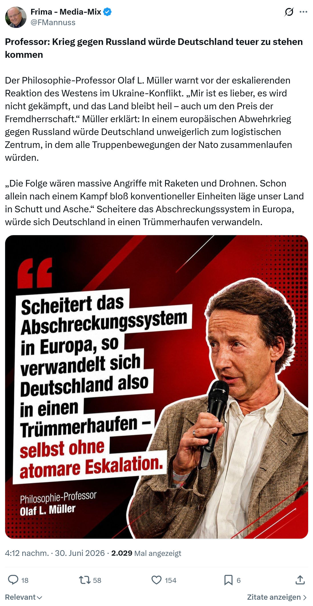 Friedrich Mannus: Professor: Krieg gegen Russland...
