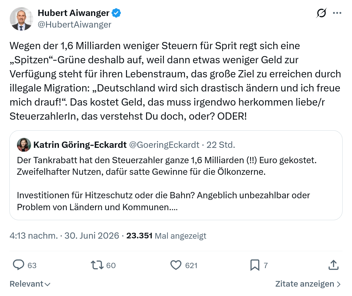 Hubert Aiwanger: Wegen der 1,6 Milliarden weniger...