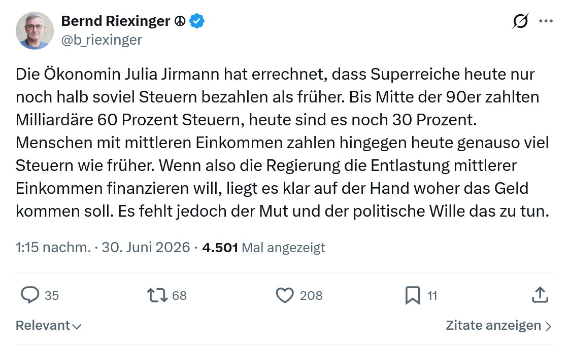Bernd Riexinger: Die Ökonomin Julia Jirmann hat errechnet...