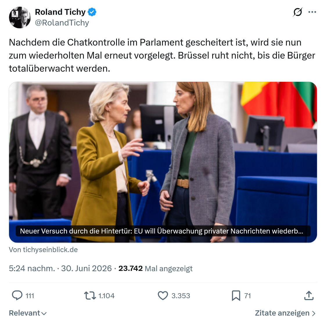 Roland Tichy: Nachdem die Chatkontrolle...