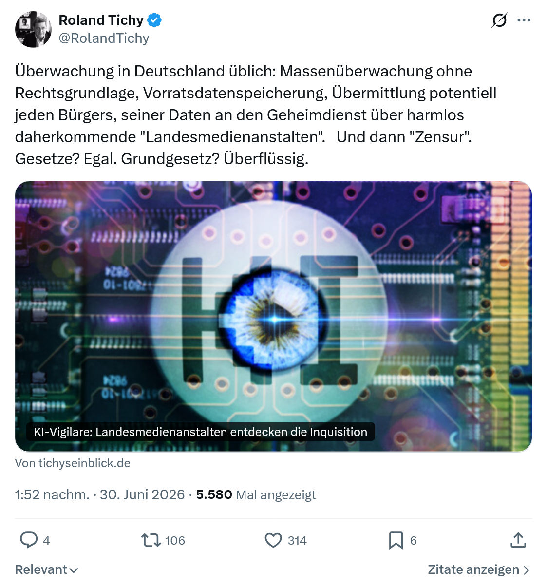 Roland Tichy: Überwachung in Deutschland üblich...