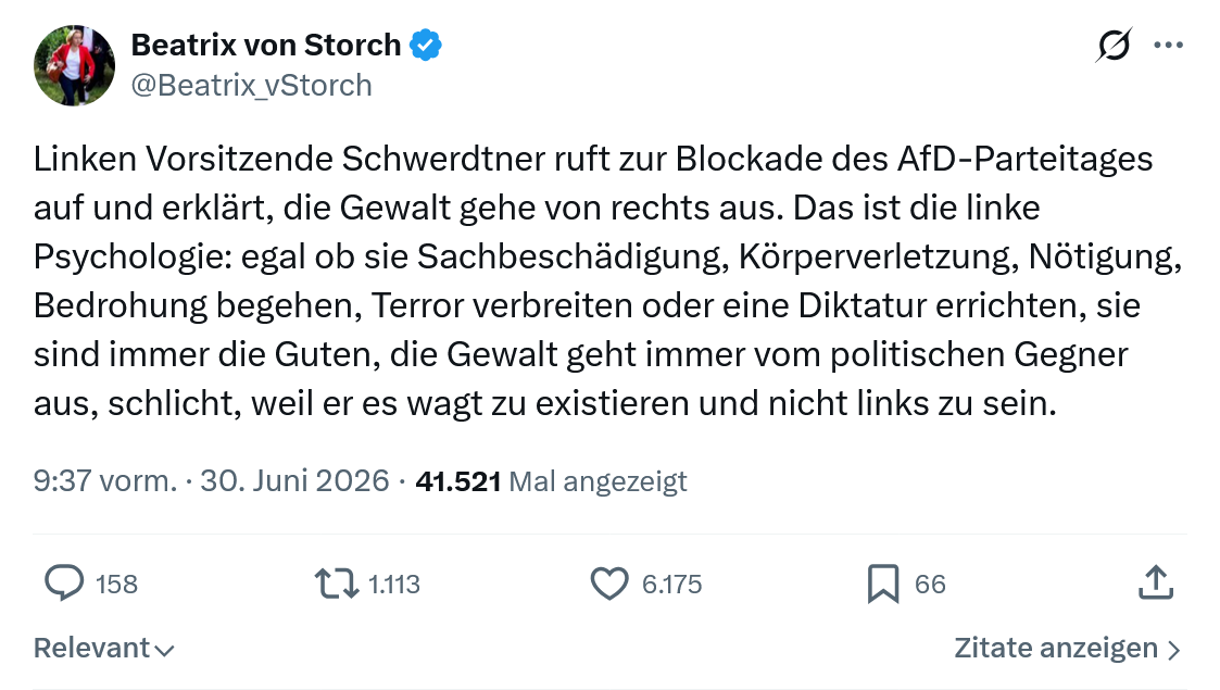 Beatrix von Storch: Linken Vorsitzende Schwerdtner...