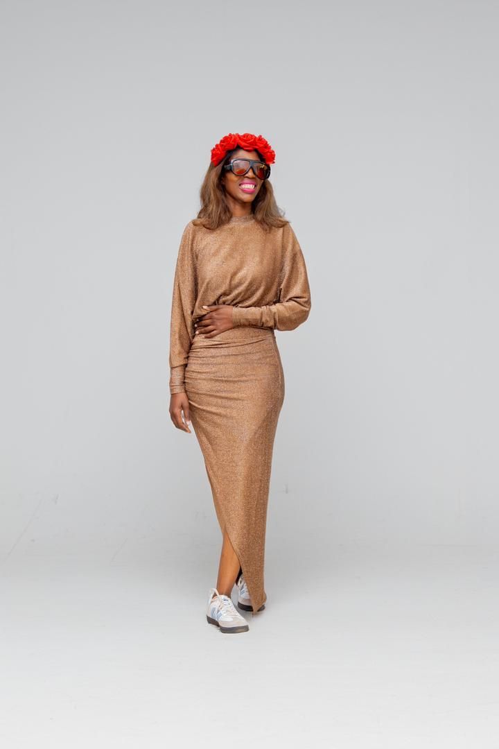 Bronze Lurex Long-Sleeve Dress