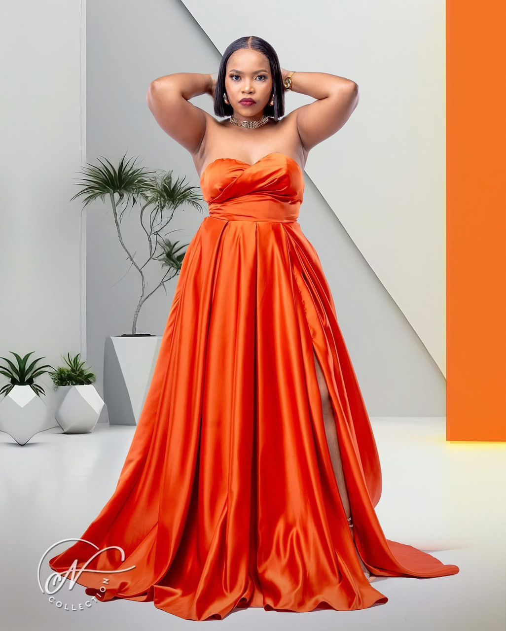 Strapless Orange Satin Gown with Leg Slit