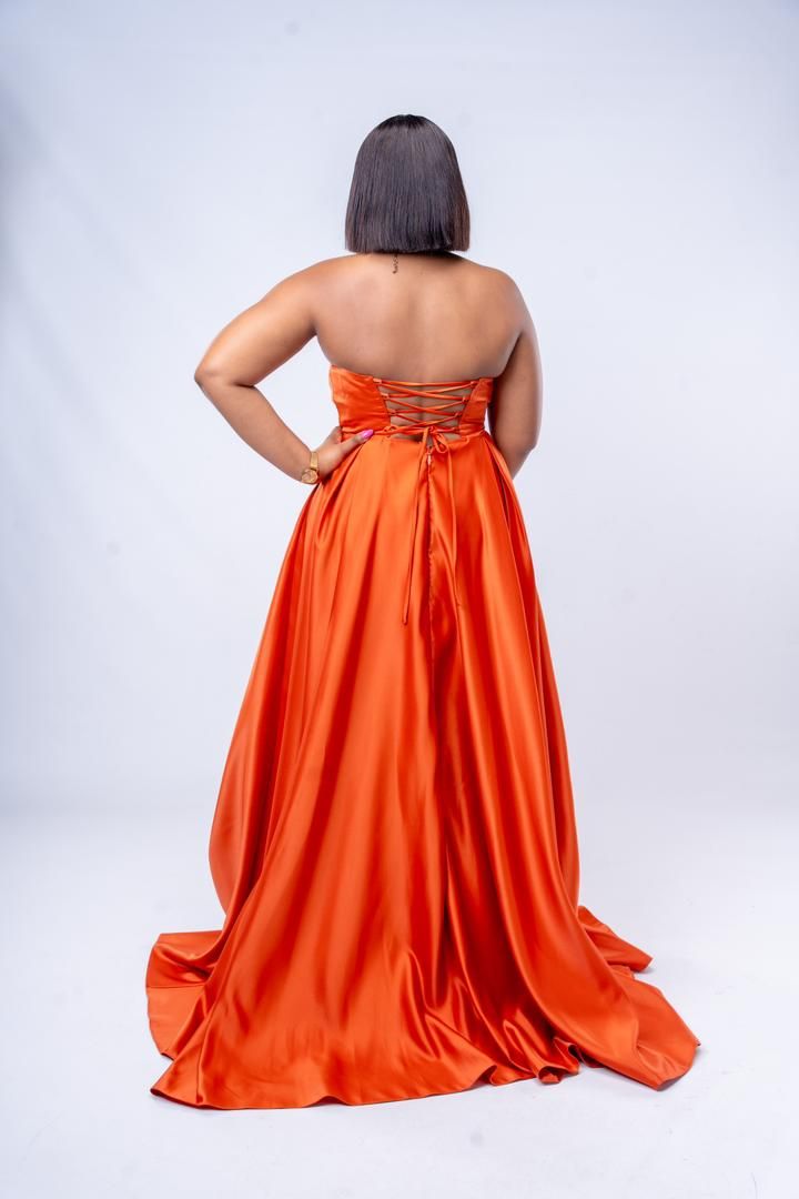 Strapless Orange Satin Gown with Leg Slit