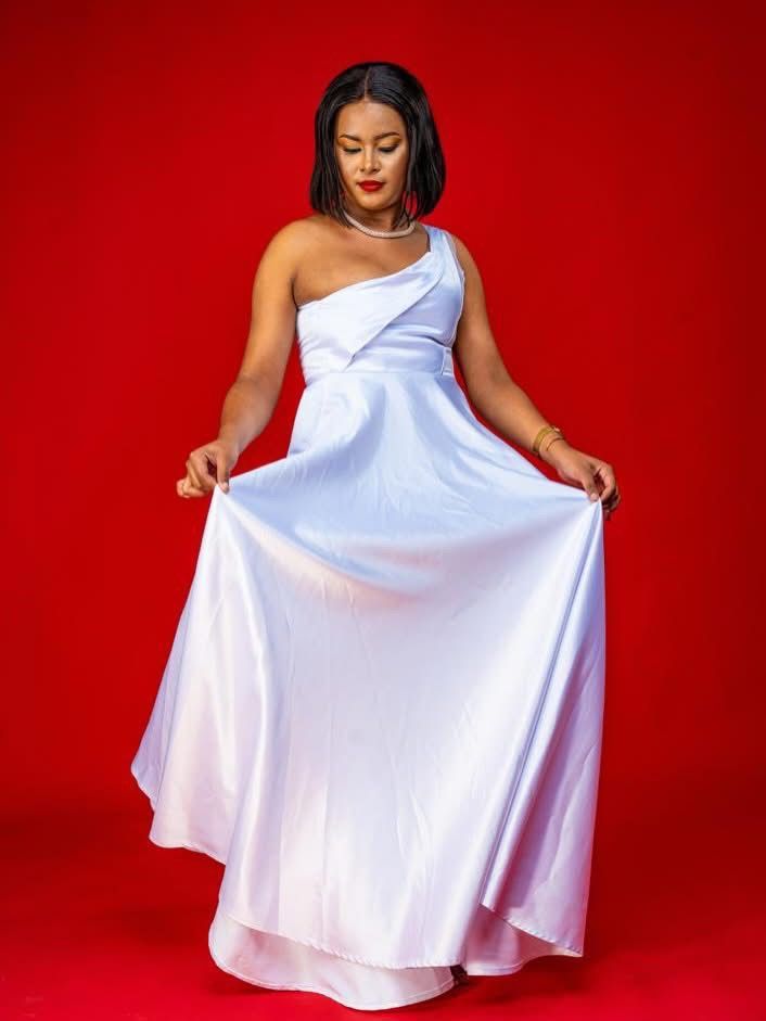 Pearl White Satin Evening Gown