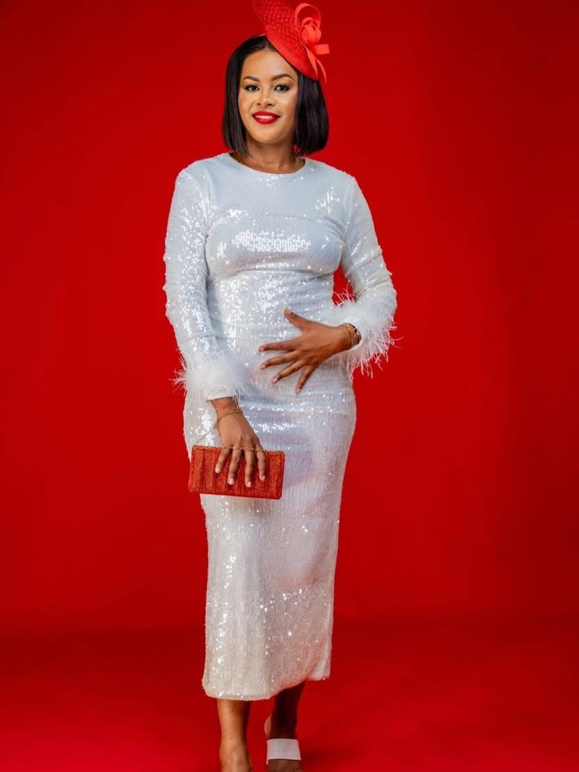 White Sequin Long-Sleeve Dress with Feather Cuffs