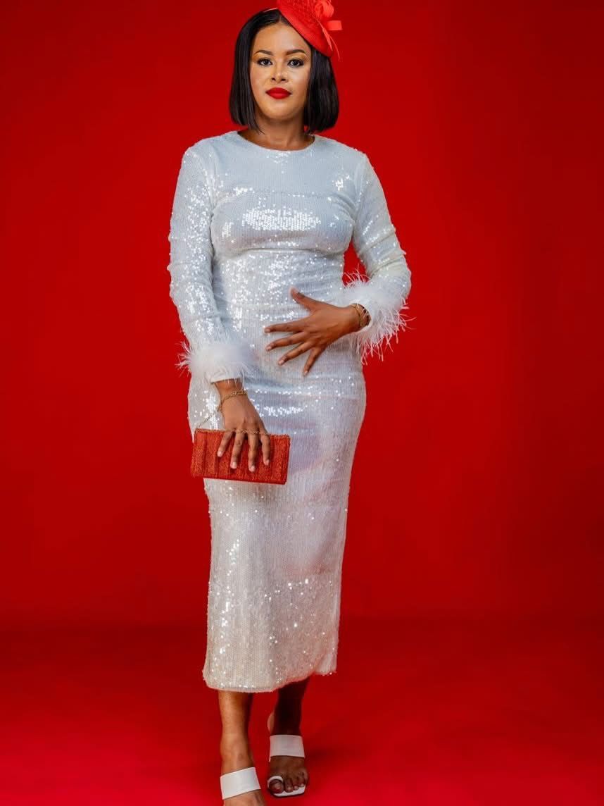 White Sequin Long-Sleeve Dress with Feather Cuffs