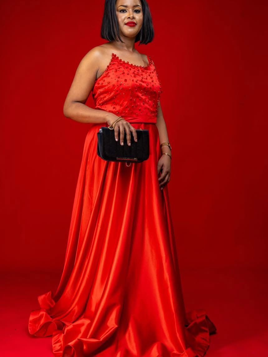 Red Sleeveless Pearl-Embellished Evening Dress