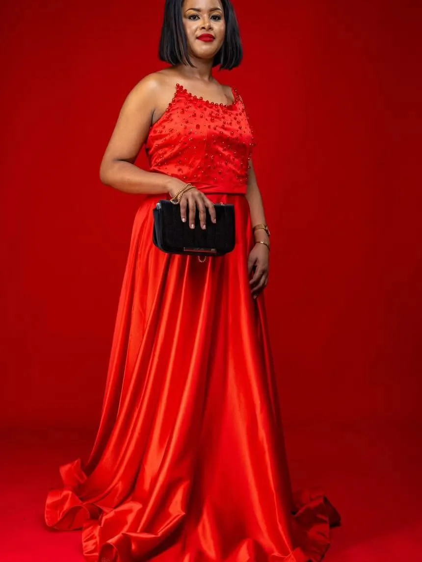 Red Sleeveless Pearl-Embellished Evening Dress