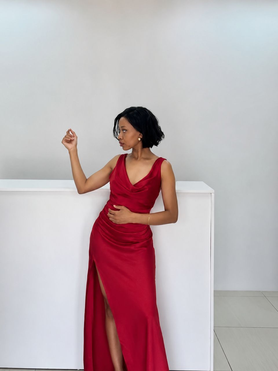 Siren Red Ruched Silk-Satin Dress