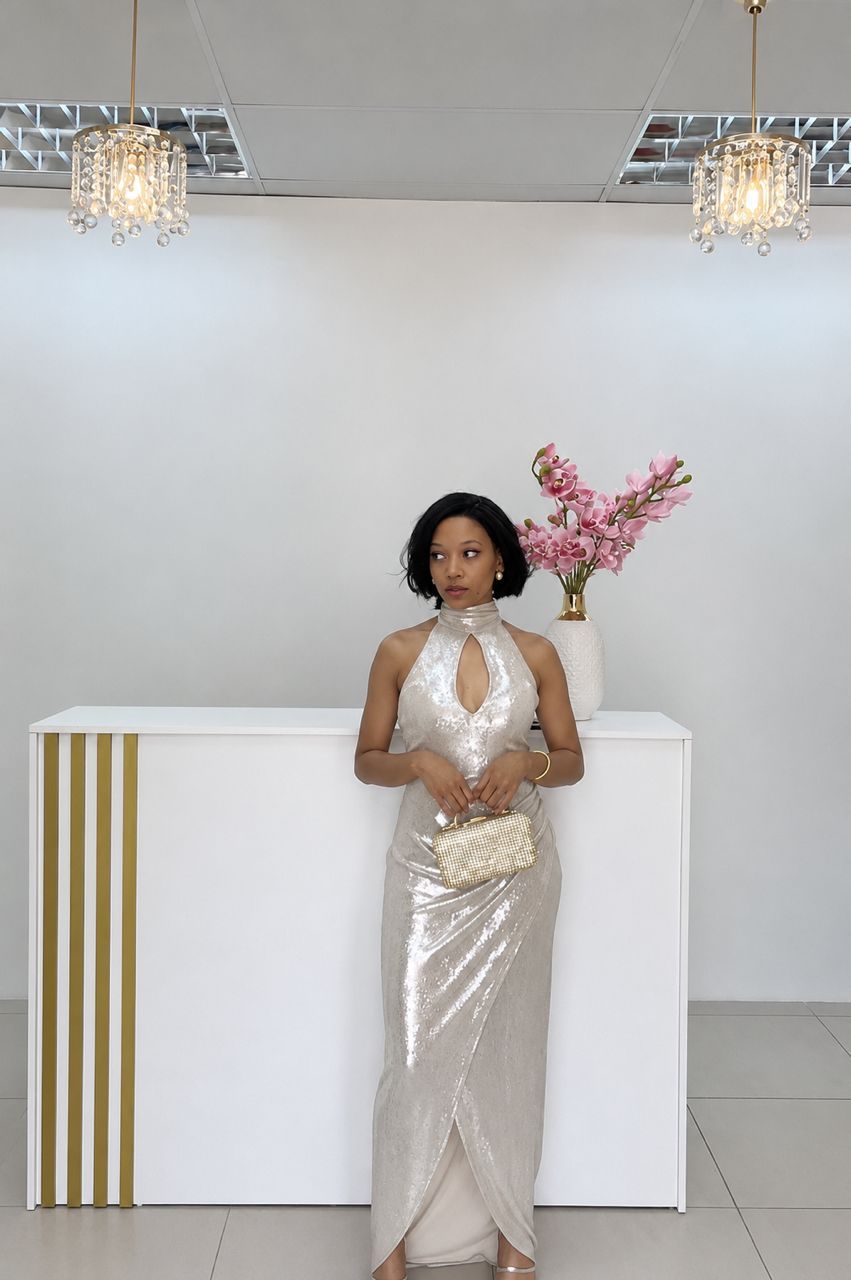 Champagne Radiance Keyhole Evening Dress