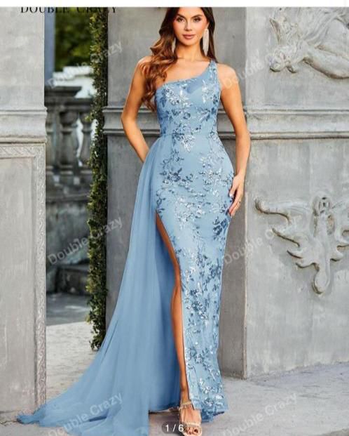 Ice Blue Radiance Floral Sequin Evening Dress